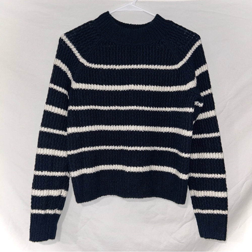 Vince Ribbed Striped Pullover Crewneck Navy Pampas Sweater Nautical Fisherman